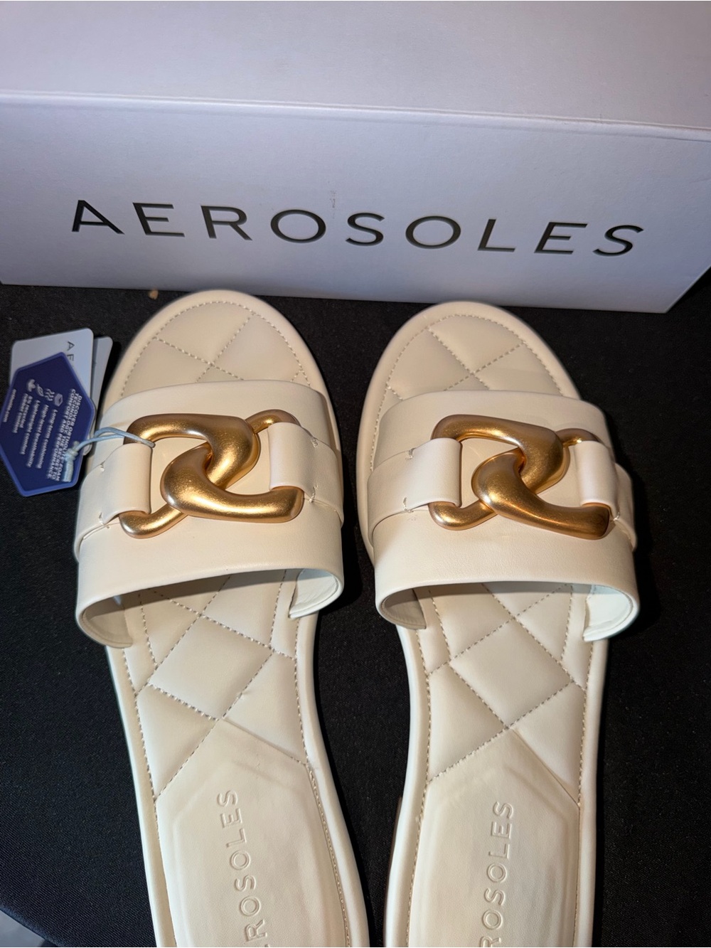 AEROSOLES Cream Slide Sandals with Gold Chain Detail - Picture 5 of 6